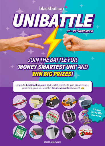 Promotional material for the 2018 UniBattle, including prizes available to students